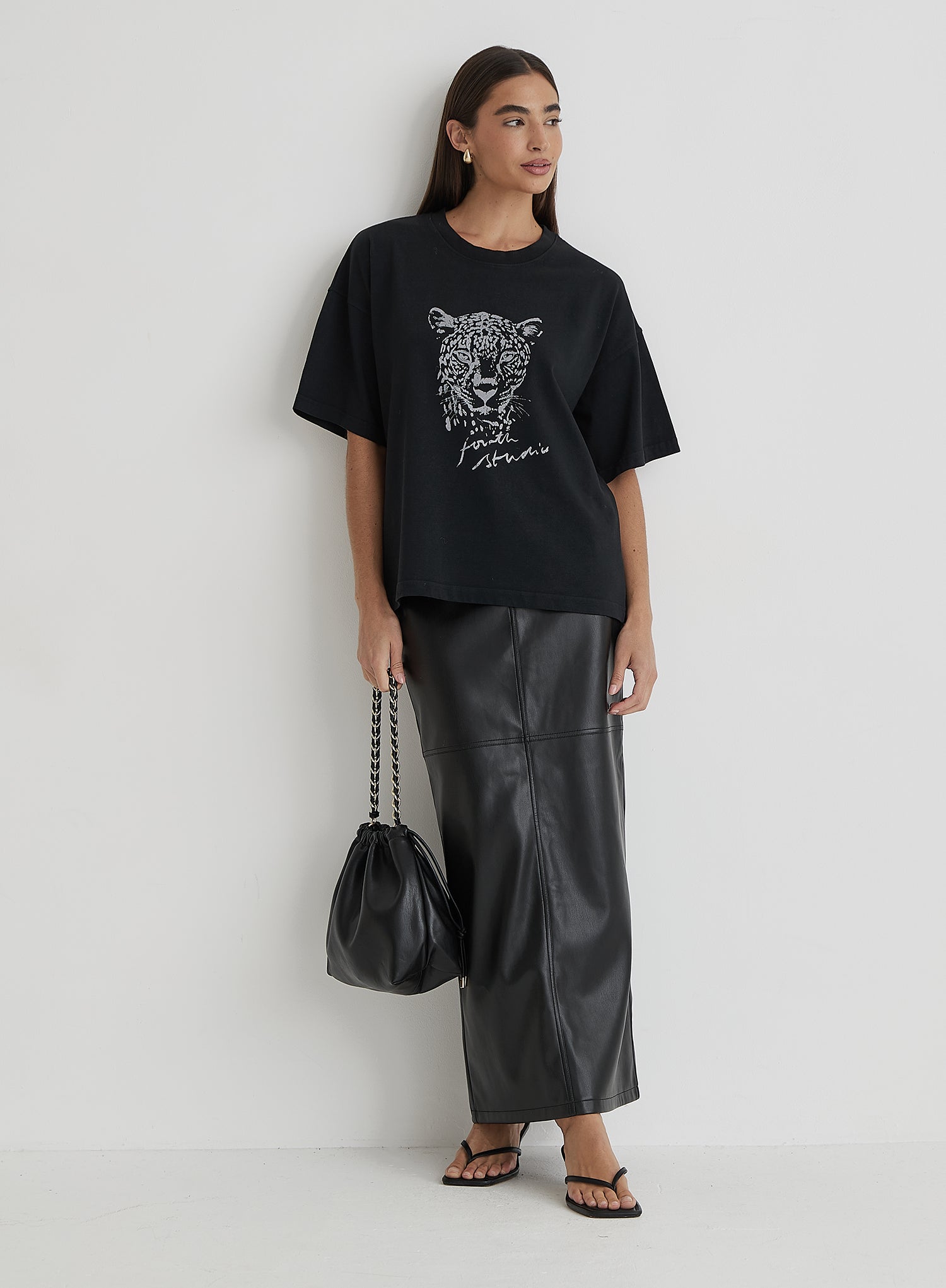 Black Acid Wash Leopard Motif T-Shirt